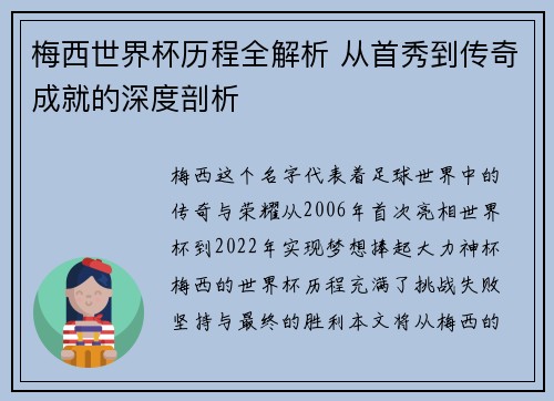 梅西世界杯历程全解析 从首秀到传奇成就的深度剖析