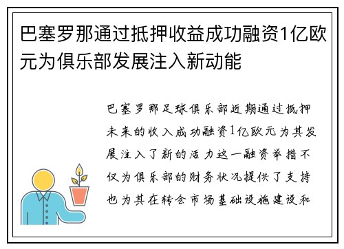 巴塞罗那通过抵押收益成功融资1亿欧元为俱乐部发展注入新动能