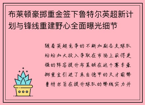 布莱顿豪掷重金签下鲁特尔英超新计划与锋线重建野心全面曝光细节
