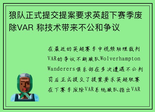 狼队正式提交提案要求英超下赛季废除VAR 称技术带来不公和争议